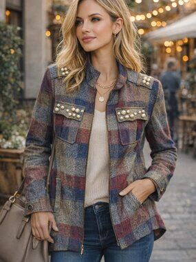 Cabi Pearl Embellished Plaid Jacket Medium Structured Cotton Zip Military Style
